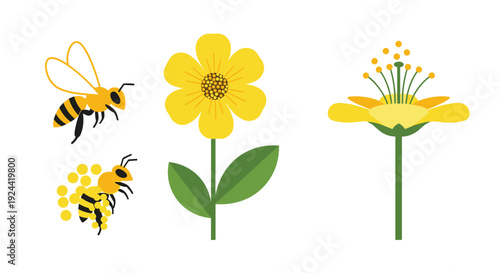 Cute cartoon bees collecting pollen from yellow flowers, illustrating pollination process