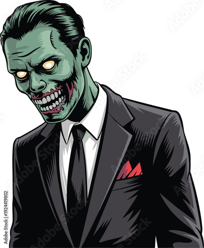 Zombie businessman in suit with glowing eyes and sinister grin, creepy horror character vector illustration
