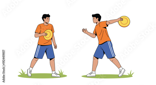 Two young men playing frisbee on a grassy field, one about to throw the disc