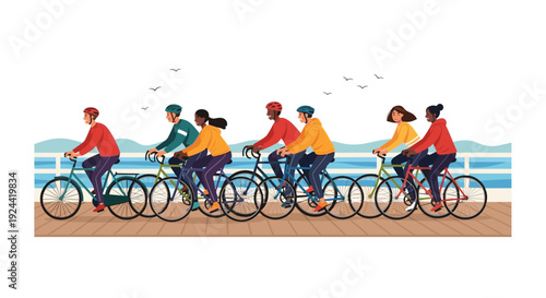 Diverse group of friends enjoying a scenic bike ride along the waterfront boardwalk