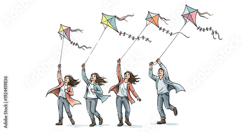 Diverse group of people joyfully flying kites on a bright, clear day