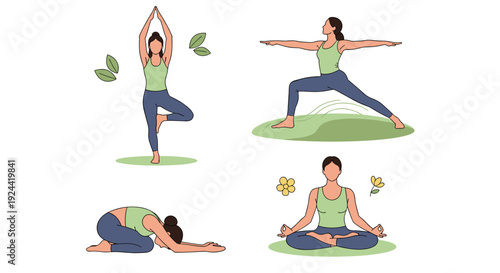 Diverse women practicing yoga poses for balance, strength, and relaxation in a natural setting