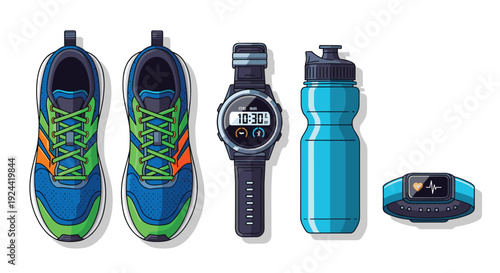 Top view of running shoes, smartwatch, water bottle, and fitness tracker on white background