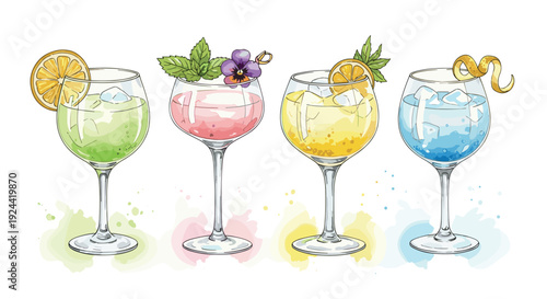 Four colorful cocktails with garnishes and ice, presented in elegant wine glasses