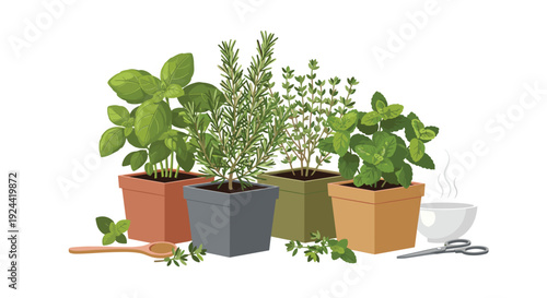 Assortment of fresh herbs in pots with a spoon, scissors, and a bowl of steaming liquid