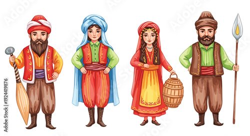 Diverse group of people in traditional Middle Eastern and Central Asian attire