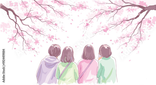 Four friends admire blooming cherry blossom trees in a watercolor illustration
