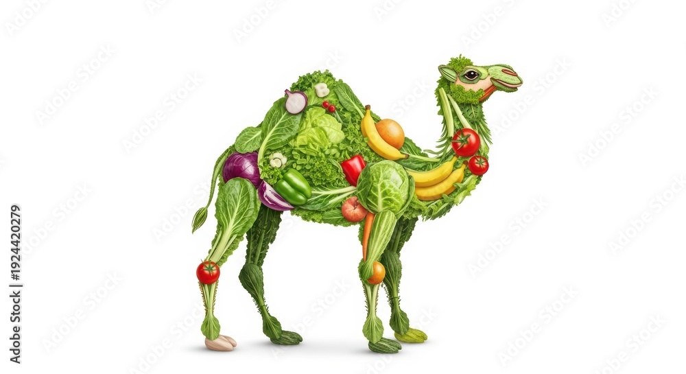 Fototapeta premium Camel made of vegetables and fruits, healthy eating concept