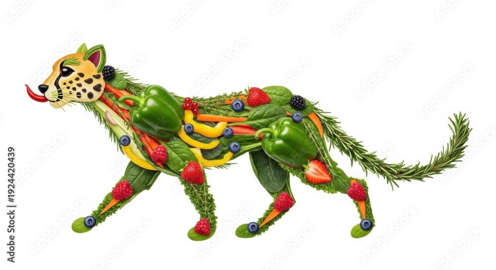 Fototapeta premium Cheetah made of vegetables and fruits, healthy eating concept