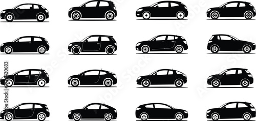 Hatchback car silhouettes illustration, compact vehicle outline, automotive design reference, side profile sketch, transportation study artwork, diverse automobile model comparison