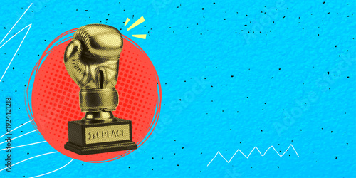 Trendy halftone collage in pop art style. Golden boxing trophy, first prize in the shape of a boxing glove. Vector illustration