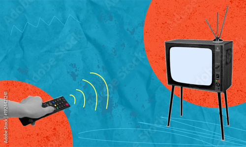 A trendy halftone pop art collage depicting a retro television on legs with a blank screen. A woman's hand uses a remote control to turn it on. News and propaganda. Vintage objects and advertising spa
