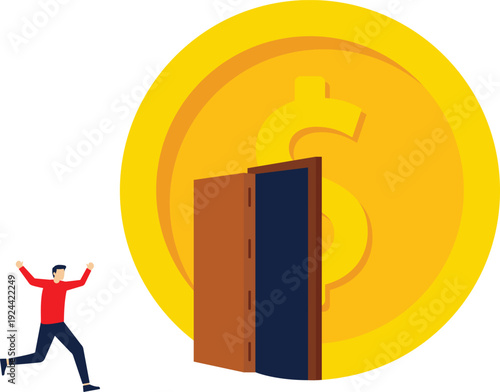 Personal savings deposits or wealth, wealth opportunities. Isometric view businessman running fast towards the open door of money
