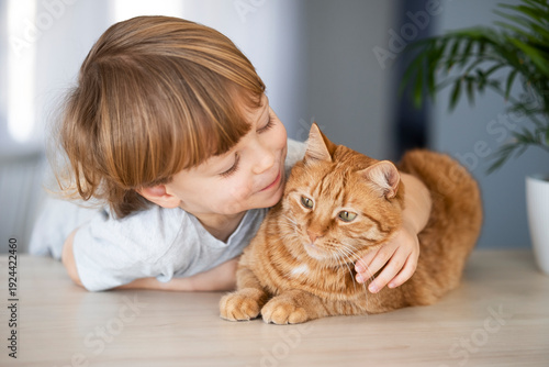 Little boy petting and hugging a ginger tabby cat at home with light interior. Cute funny picture of kids and pets friendships. Life with domestic cat. Pets life.