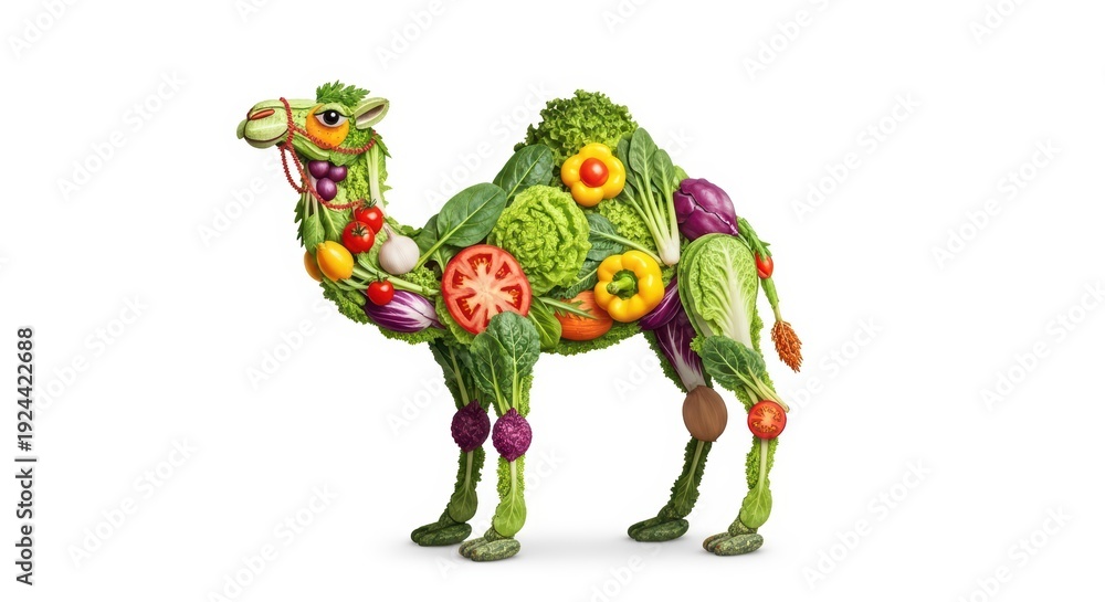 Fototapeta premium Creative camel made of fresh vegetables and fruits