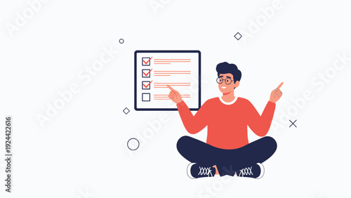 Man Sitting Cross-legged Pointing at Checklist, Planning and Organization Concept
