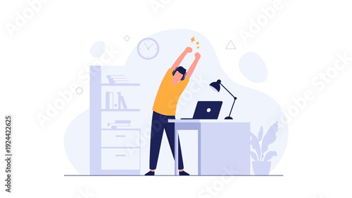 Man stretching at office desk, taking a break from work, wellness concept