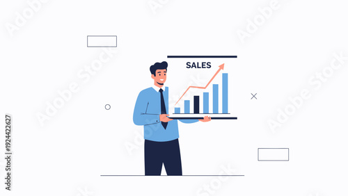 Man presenting sales growth chart with upward arrow, business success concept