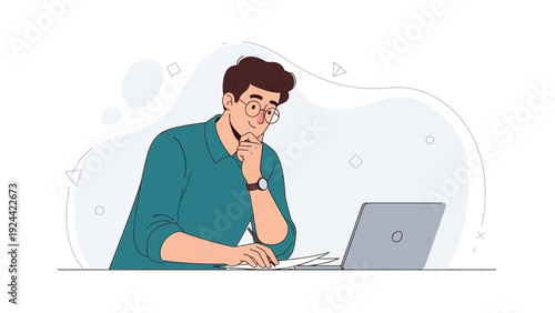 Man Thinking Deeply While Working on Laptop, Business Concept