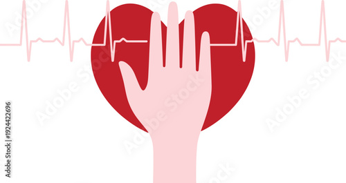 CPR hands and heartbeat line clipart, isolated on white background, cardiopulmonary resuscitation illustration, first aid, emergency medical vector.