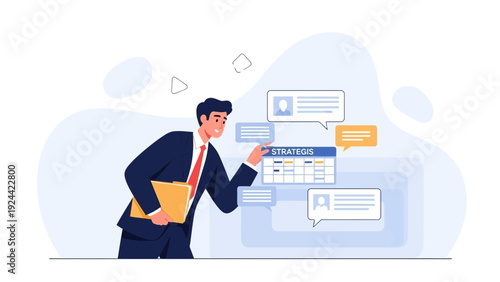 Businessman Planning Strategy with Calendar and Chat Bubbles - Business Concept