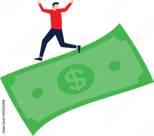 Business trends, fluctuations in financial markets or stock markets, investment risks.Isometric businessman surfing on the money

