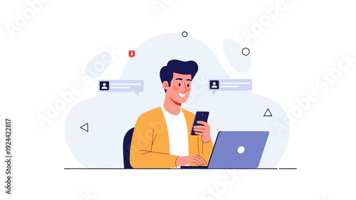 Man using smartphone and laptop for online communication, digital connection concept