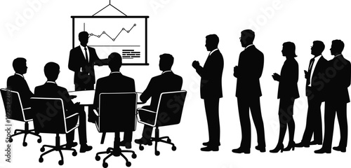 Silhouette of professional business leader presenting data line graph on projector screen to seated corporate team and standing audience members