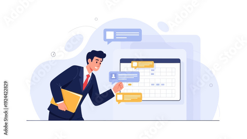 Businessman planning schedule and messages, calendar, communication concept vector illustration
