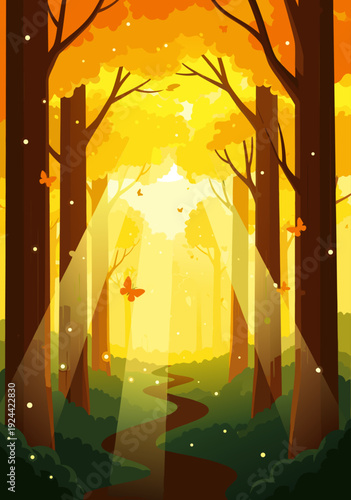 Vibrant Autumn Forest Pathway Vector Illustration with Golden Sunlight and Serene Atmosphere