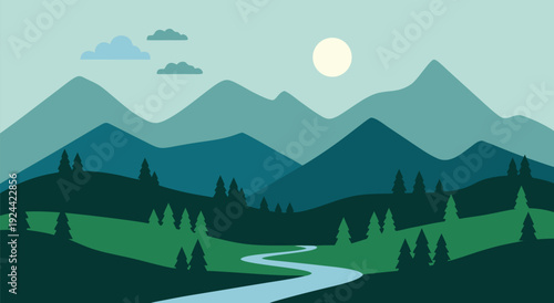 Serene Vector Landscape with Majestic Mountains, Winding River, Tranquil Forest, and Full Moon Illustration