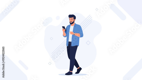 Man Using Smartphone Walking Isolated on White Background, Business Lifestyle