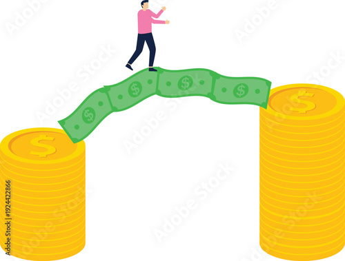 Money bridges, business or career support, help or keys to success, solving financial or fiscal problems, equidistant money bridges help business people go from one pile of money to another pile of mo
