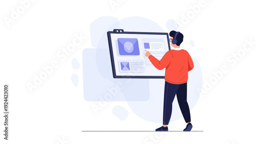 Man with headphones interacting with digital interface on screen