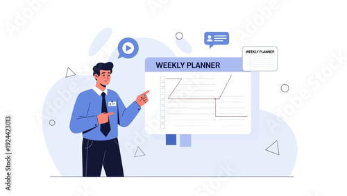 Businessman pointing to weekly planner chart, business strategy, planning, and organization