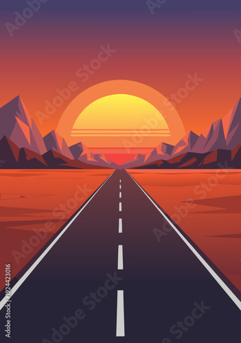 Vector illustration of serene desert road at sunset stretching toward majestic mountains under vibrant orange sky