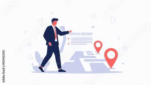 Businessman points to campaign roadmap with navigation pins on a stylized map