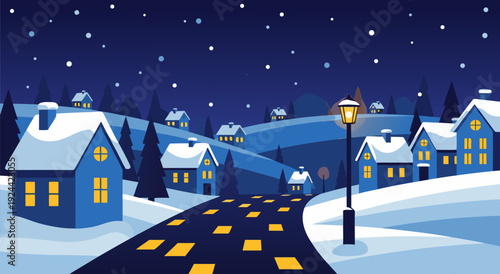Vector Illustration of Serene Winter Night Scene with Snow-Covered Road, Warm-Lit Houses, Streetlight, Evergreen Trees, and Starry Deep Blue Sky