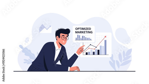 Businessman points to optimized marketing graph showing growth and success