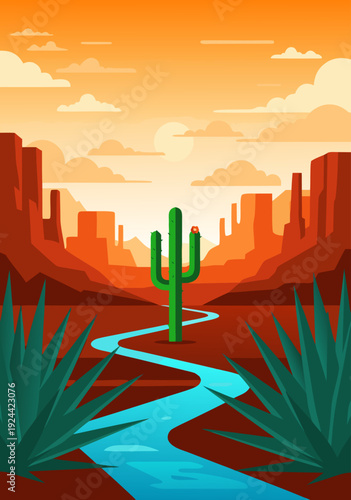 Vector Desert Illustration with Winding River, Cactus, Plants, and Jagged Mountains