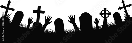 Spooky graveyard silhouette illustration, eerie tombstone artwork, Halloween horror design, zombie rising scene, dark atmospheric poster, creepy haunted cemetery sketch