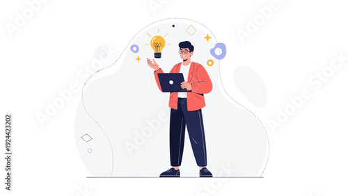 Man with Laptop and Lightbulb, Idea Generation, Innovation, Creative Thinking