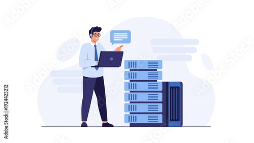 Man with Laptop and Server Racks - Data Center Concept