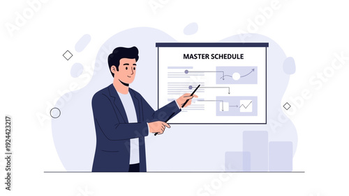 Businessman presenting master schedule on projector screen, planning and strategy concept