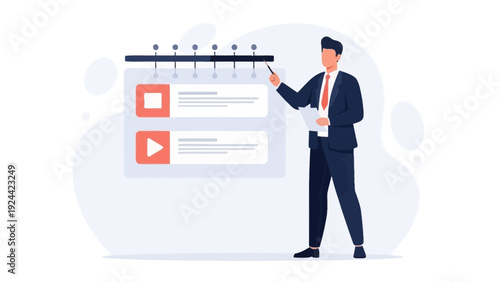 Businessman presenting plan on timeline with video icons