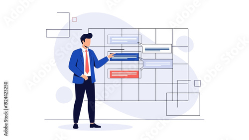 Businessman presenting schedule, planning or strategy on digital board with content blocks