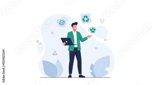 Man with Laptop and Sustainability Icons - Eco-friendly Business Concept