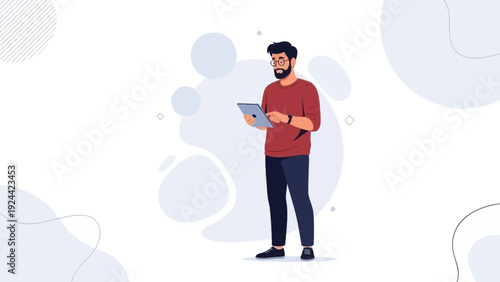 Man with Tablet Computer, Modern Flat Illustration, Digital Technology Concept