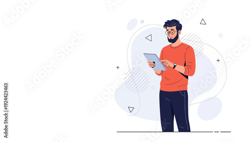 Man with Tablet, Modern Flat Illustration, Business and Technology Concept