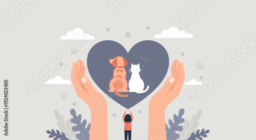 Animal Adoption Concept Illustration with Heart Shape Dog and Cat Vector Art